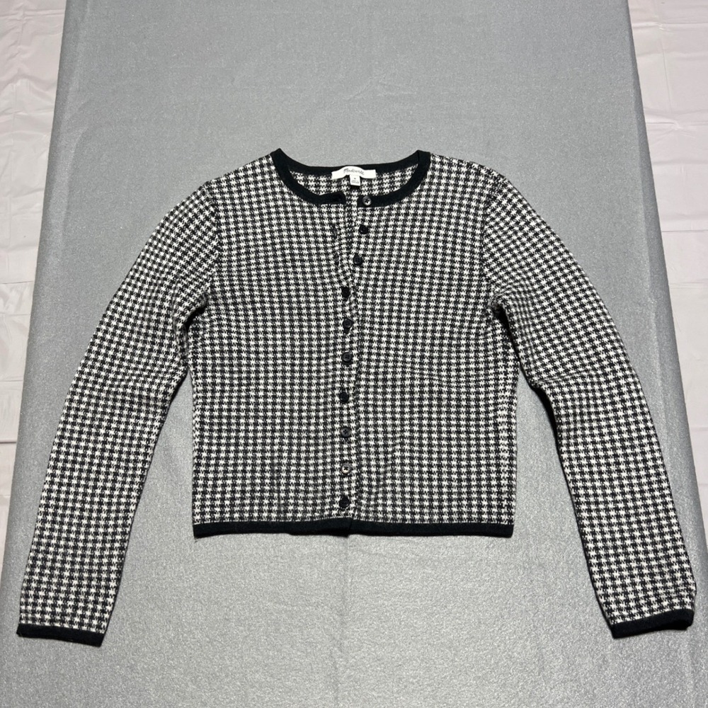 Madewell Womens Black White Houndstooth 100% Merino Wool Cardigan Sweater M